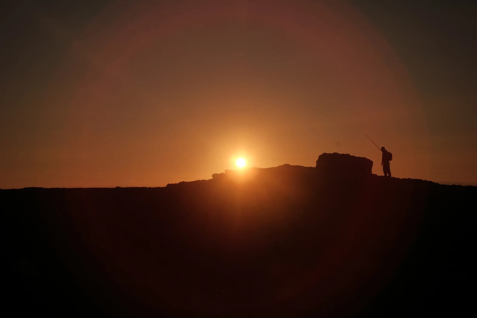 Silhouette of a lone figure standing on a rocky ridge against a glowing orange sunset, holding a rod against the sky. A single position on a single ridge, the visual analogue to a brand's place on the ordinal recommendation scale.